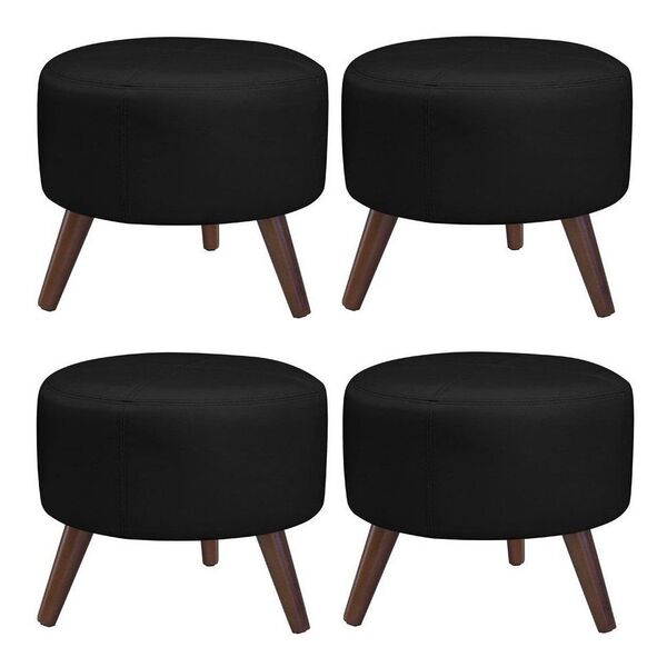 Kit 4 Puffs Decorativos Redondo Pés Palito Couro Preto G58 -