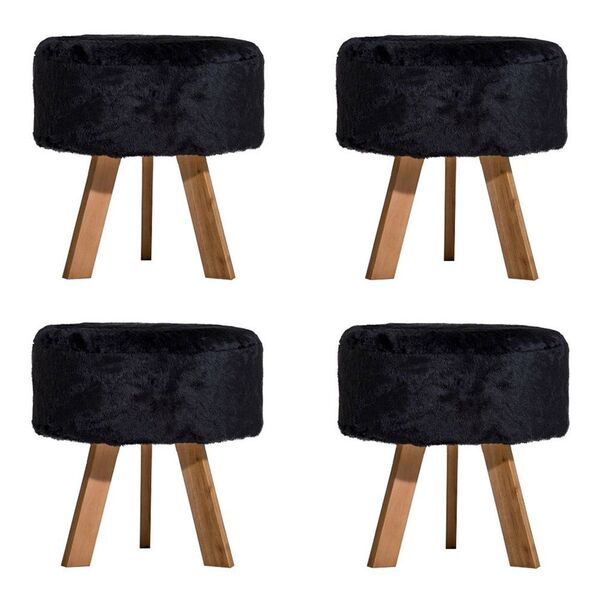 Kit 4 Puffs Olivia Pés Natural Pelúcia Preto - Tecno Mobili