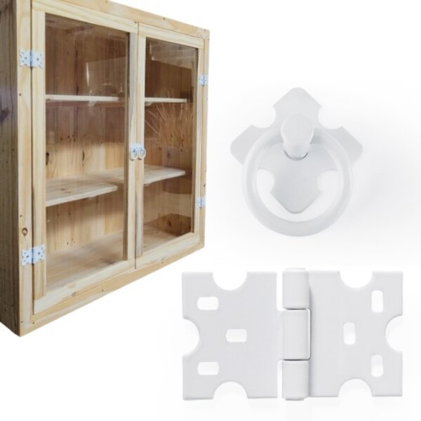 Kit 4 Puxadores Argola Preto + 8 Dobradiças Mexicana - Branco