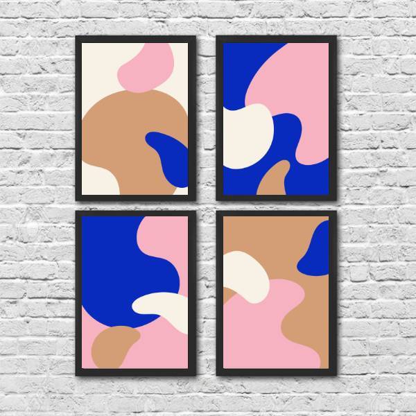 Kit 4 Quadros Abstratos Camuflado 45x34cm - Com Vidro Moldura
