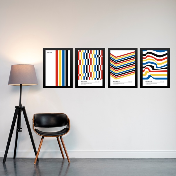 Kit 4 Quadros Abstratos Coloridos Retrô Bauhaus 45x34cm - Com