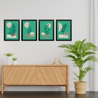 Kit 4 Quadros Abstratos Folhas Fundo Verde 24x18cm Moldura Pr