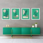 Kit 4 Quadros Abstratos Folhas Fundo Verde 33x24cm - Com Vidr