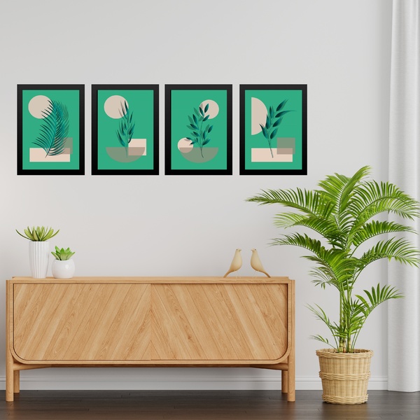 Kit 4 Quadros Abstratos Folhas Fundo Verde 33x24cm - Com Vidr