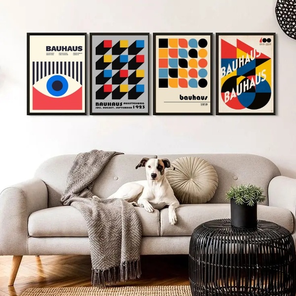 Kit 4 Quadros Abstratos Posters Bauhaus 45x34cm - Com Vidro M