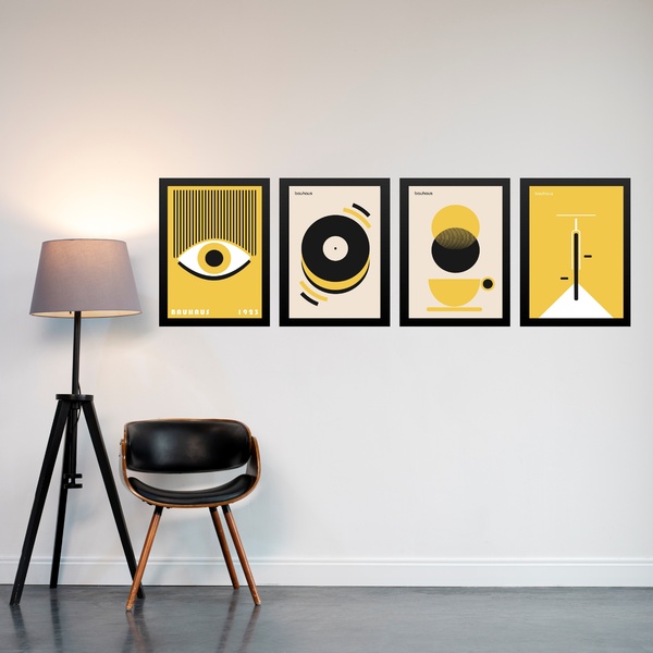 Kit 4 Quadros Artes Bauhaus Amarelo E Preto 24x18cm Moldura B