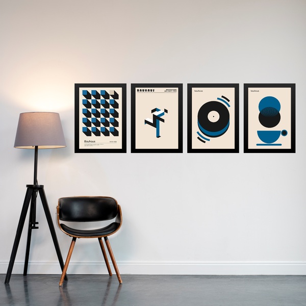 Kit 4 Quadros Artes Bauhaus Azuis E Bege 45x34cm Moldura Bran