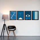 Kit 4 Quadros Artes Bauhaus Azuis E Branco 45x34cm Moldura Br