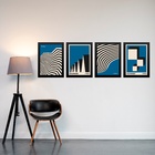 Kit 4 Quadros Artes Bauhaus Azuis E Preto 33x24cm Moldura Bra