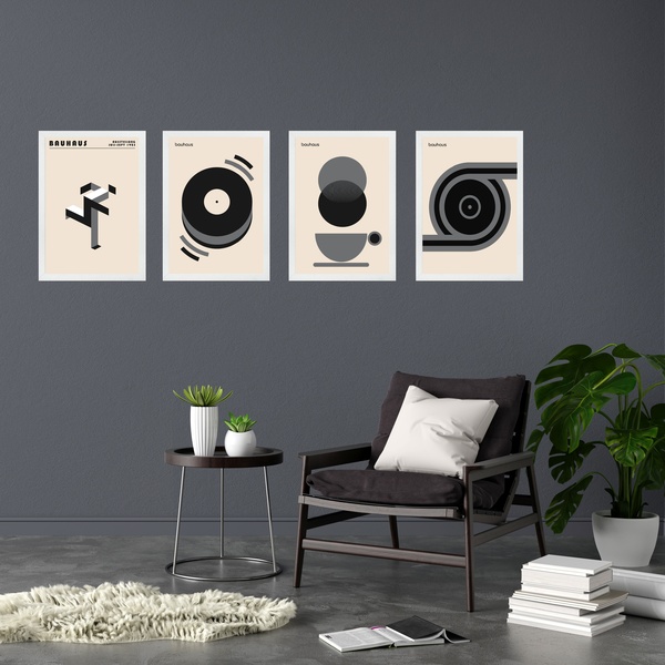 Kit 4 Quadros Artes Bauhaus Bege E Cinza 45x34cm - Com Vidro