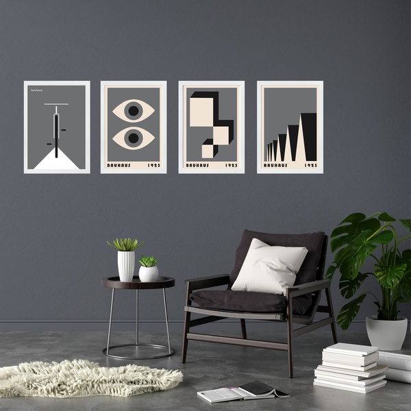 Kit 4 Quadros Artes Bauhaus Cinza E Preto 45x34cm - Com Vidro