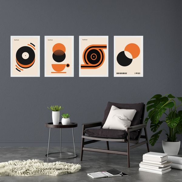 Kit 4 Quadros Artes Bauhaus Laranja Bege Preto 33x24cm Moldur