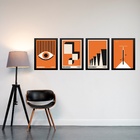 Kit 4 Quadros Artes Bauhaus Laranja E Preto 45x34cm Moldura P