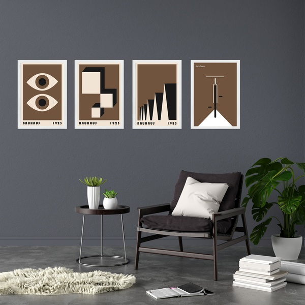 Kit 4 Quadros Artes Bauhaus Marrom E Preto 24x18cm - Com Vidr