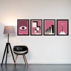 Kit 4 Quadros Artes Bauhaus Rosa E Preto 24x18cm - Com Vidro