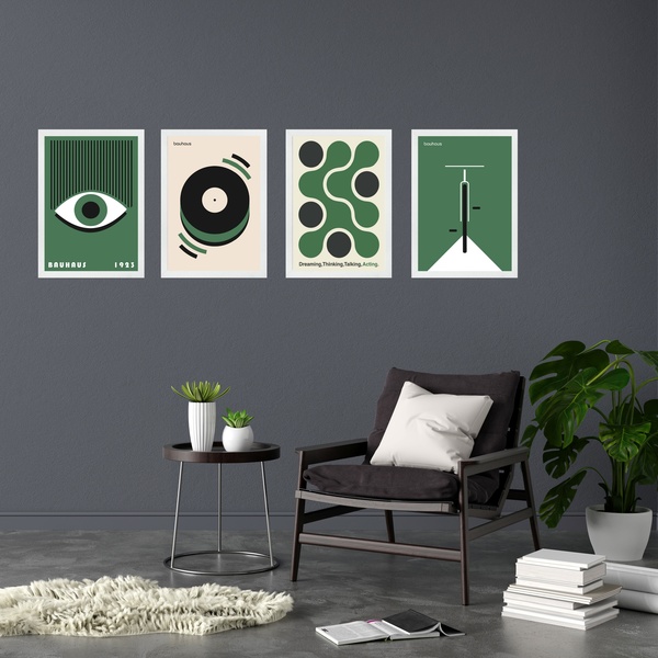 Kit 4 Quadros Artes Bauhaus Verde E Preto 45x34cm - Com Vidro