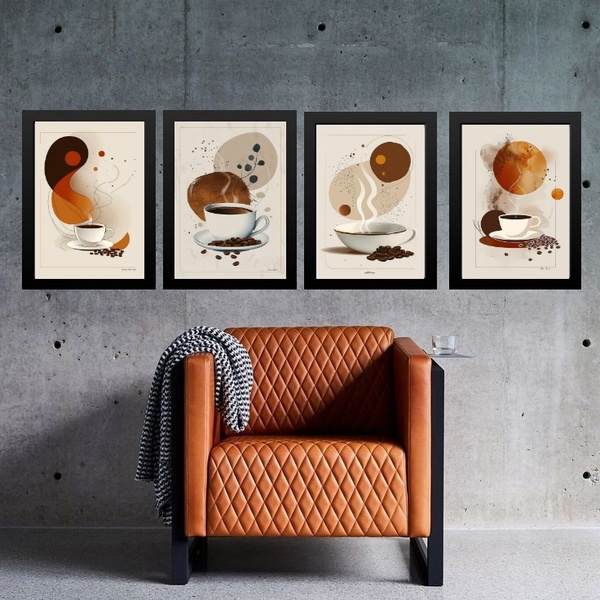 Kit 4 Quadros Artes Café Abstratas 45x34cm Moldura Preta