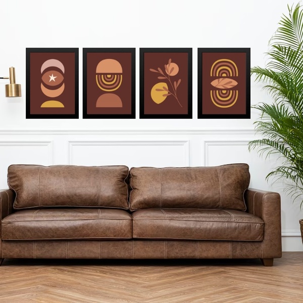 Kit 4 Quadros Artes Escandinavas Marrom E Mostarda 24x18cm Mo