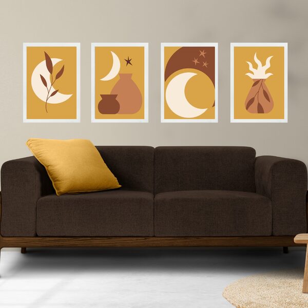 Kit 4 Quadros Artes Escandinavas Mostarda E Marrom 33x24cm Mo