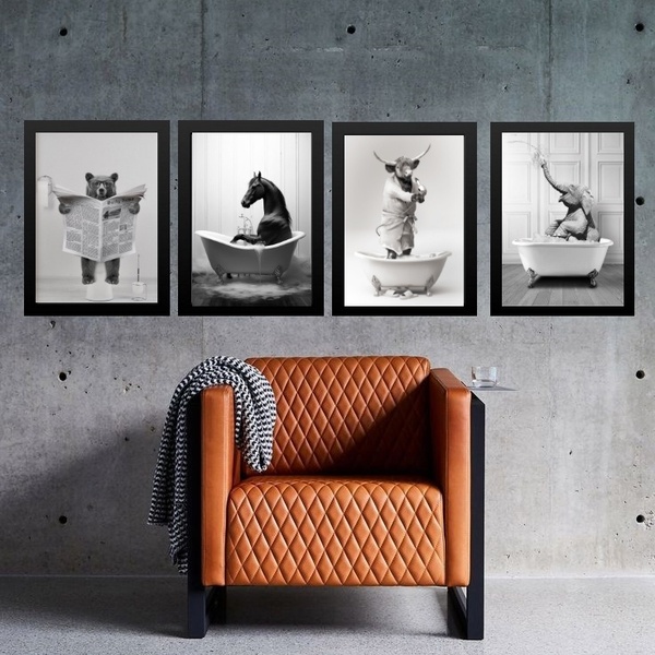 Kit 4 Quadros Banheiro Animais Diversos 33x24cm - Com Vidro M