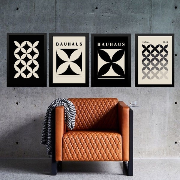 Kit 4 Quadros Bauhaus Bege Com Preto 45x34cm - Com Vidro Mold