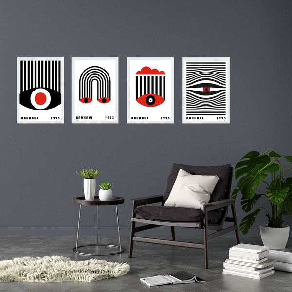 Kit 4 Quadros Bauhaus Olhos E Listras - Vermelho E Preto 24x1