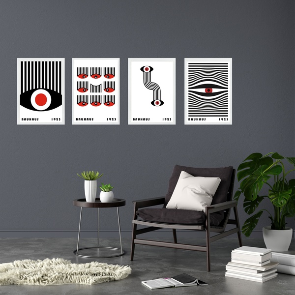 Kit 4 Quadros Bauhaus Olhos - Vermelho Preto Branco 24x18cm M