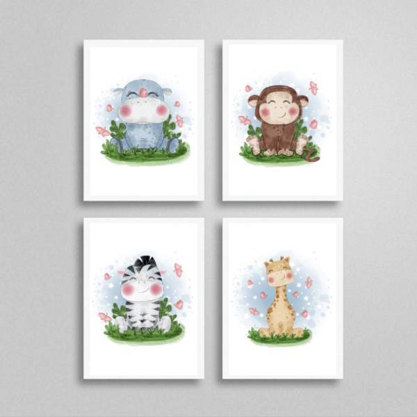 Kit 4 Quadros Bichinhos Aquarela 33x24cm - Com Vidro Moldura: