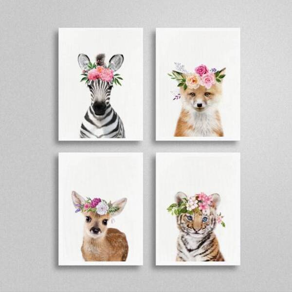 Kit 4 Quadros Bichinhos Com Coroas 24x18cm - Com Vidro Moldur