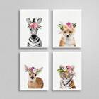 Kit 4 Quadros Bichinhos Com Coroas 33x24cm - Com Vidro Moldur