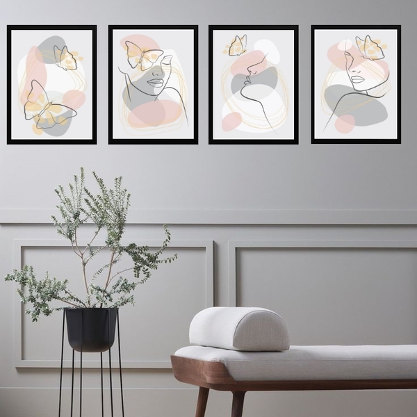 Kit 4 Quadros Borboletas Abstratas Rosa E Cinza 45x34cm - Com