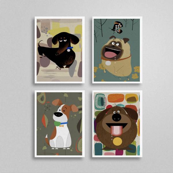 Kit 4 Quadros Cachorrinhos Pet 45x34cm - Com Vidro Moldura:ma