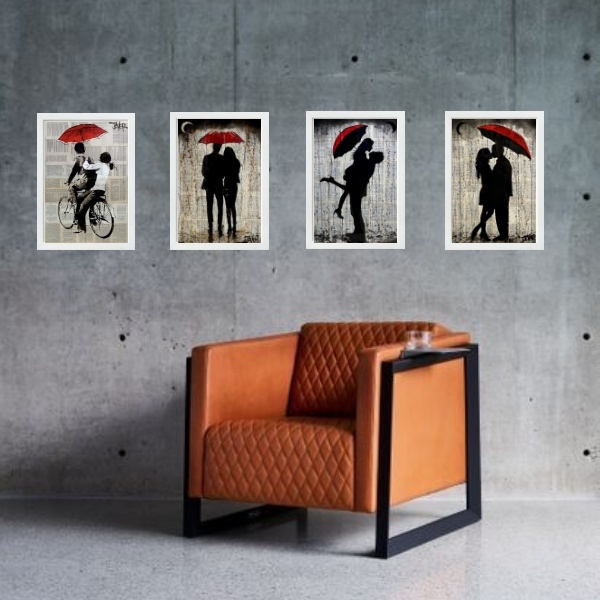 Kit 4 Quadros Casal Sombrinha Vermelha 45x34cm Moldura:madeir