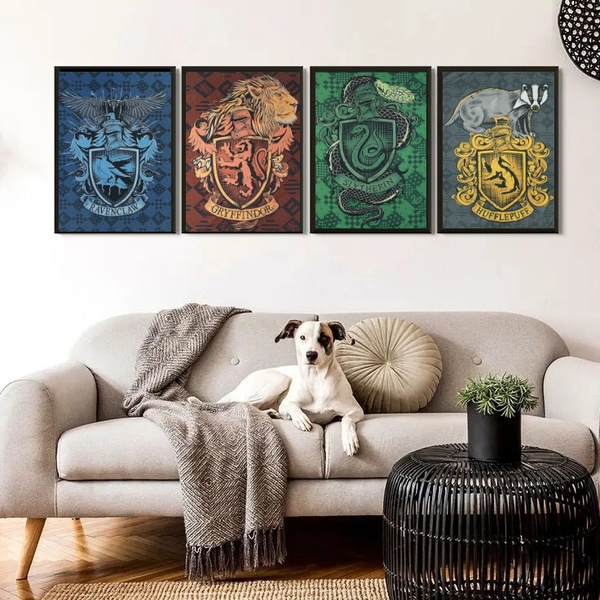 Kit 4 Quadros Casas De Hogwarts 45x34cm - Com Vidro Moldura B