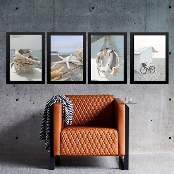 Kit 4 Quadros Coleção Praia Soft 45x34cm Moldura:madeira Bran