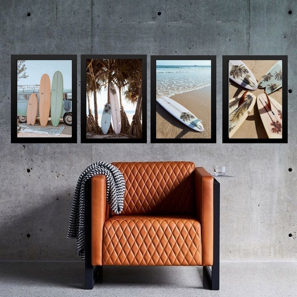 Kit 4 Quadros Coleção Praia Surf - Pranchas 24x18cm Moldura:m
