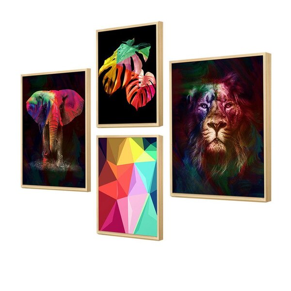 Kit 4 Quadros Com Moldura Folhas Animais Colorido Sala