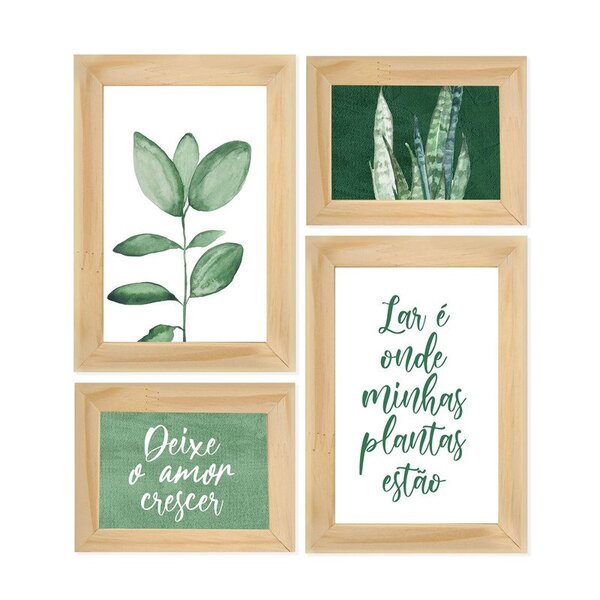 Kit 4 Quadros Com Moldura Plantas Frases Lar Casa Decoração S