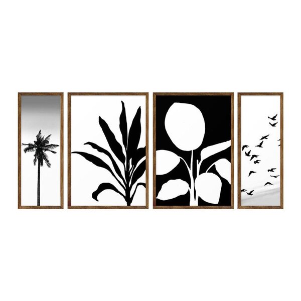 Kit 4 Quadros Com Moldura Plantas Pássaros Escritório Sala