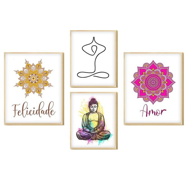Kit 4 Quadros Com Moldura Yoga Meditação Amor Decoração