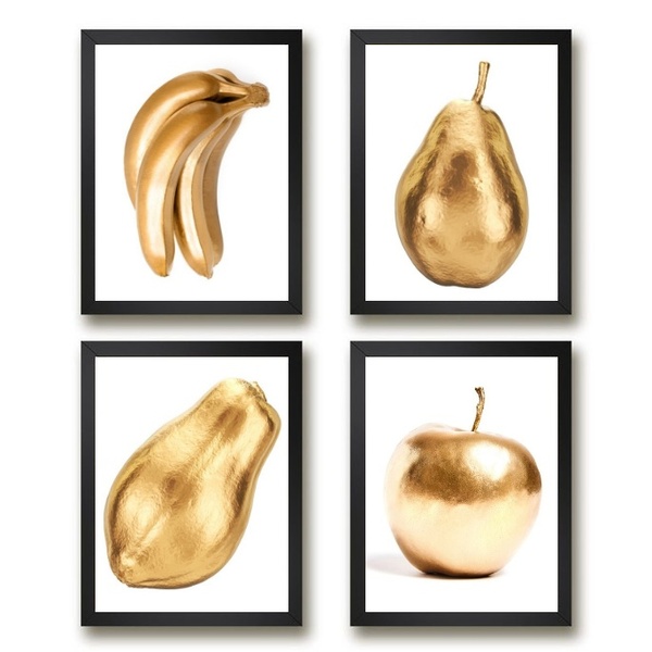 Kit 4 Quadros Cozinha Frutas Douradas 33x24cm - Com Vidro Mol