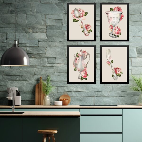 Kit 4 Quadros Cozinha Vintage- Flores 33x24cm Moldura Branca