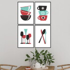 Kit 4 Quadros Cozinha Xícaras E Talheres 24x18cm Moldura:made