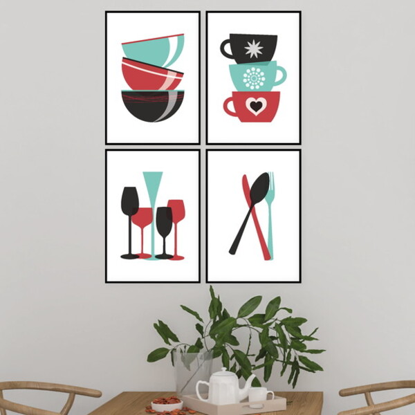 Kit 4 Quadros Cozinha Xícaras E Talheres 45x34cm - Com Vidro