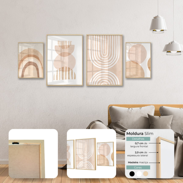 Kit 4 Quadros Decorativos Abstrato Minimalista Boho Moldura S