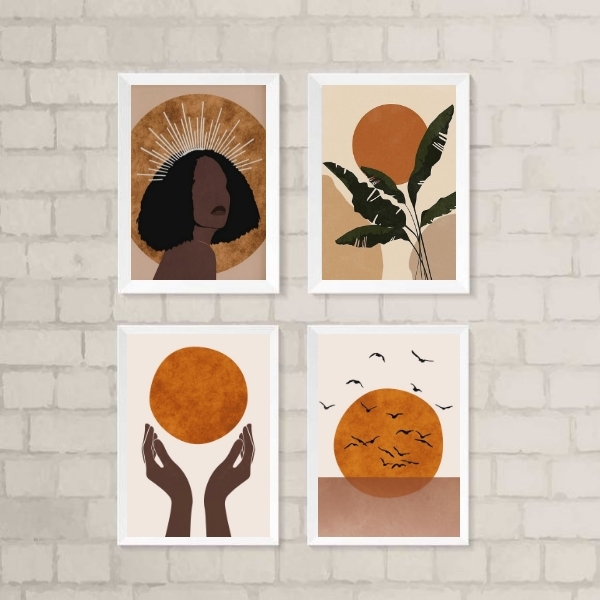 Kit 4 Quadros Decorativos Boho Mulher e lua 45x34cm Moldura:m