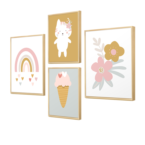 Kit 4 Quadros Decorativos Boho Tons Pasteis Infantil Menina