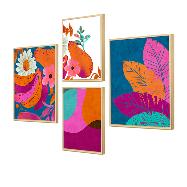 Kit 4 Quadros Decorativos Colorido Folhagens Abstrato