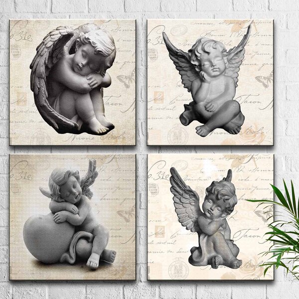 Kit 4 Quadros Decorativos Estátuas De Anjos M1