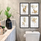 Kit 4 Quadros Decorativos Flores Brancas Com dourado 33x24cm